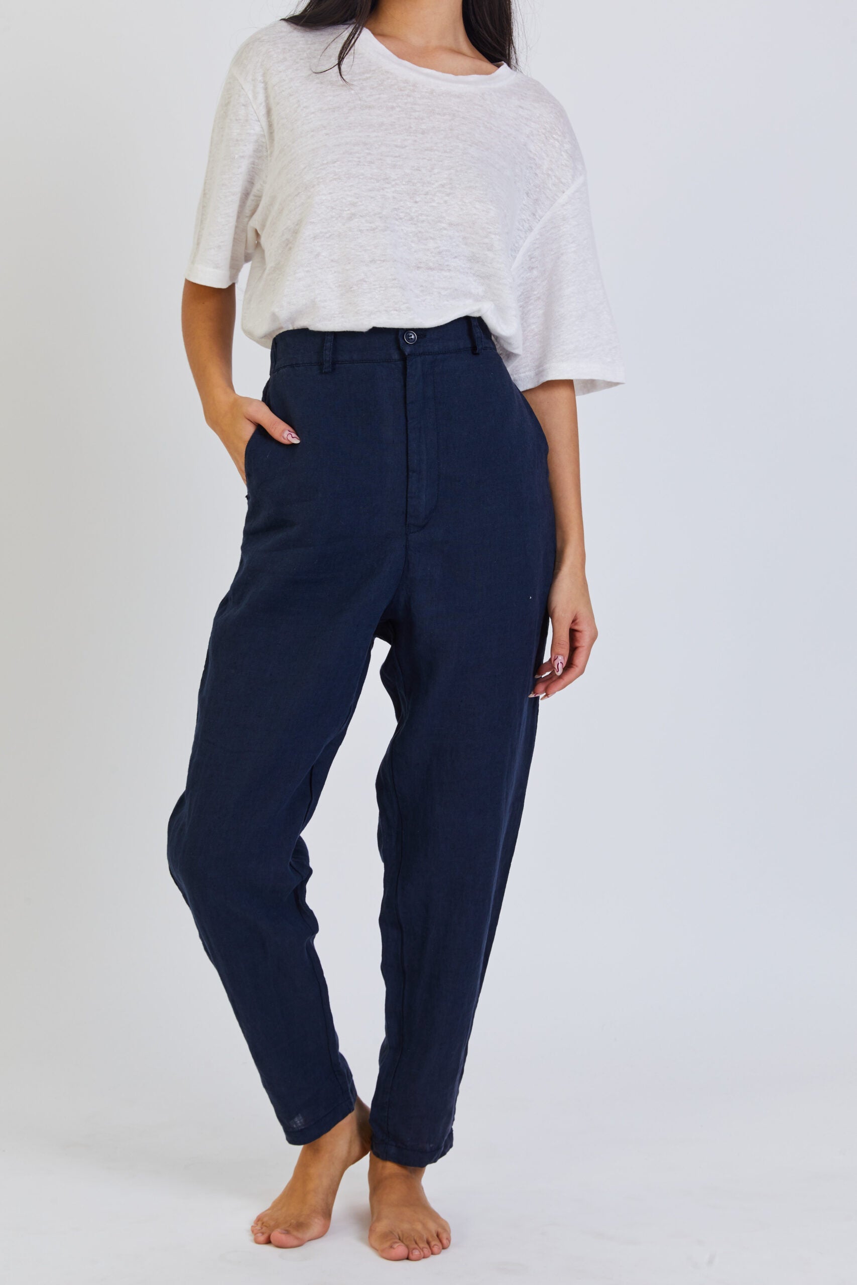 100% Linen Long Trousers - Navy Blue
