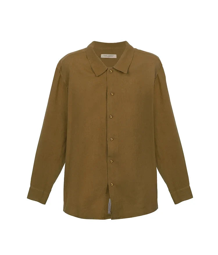 100% Linen Long Sleeve Shirt - Olive