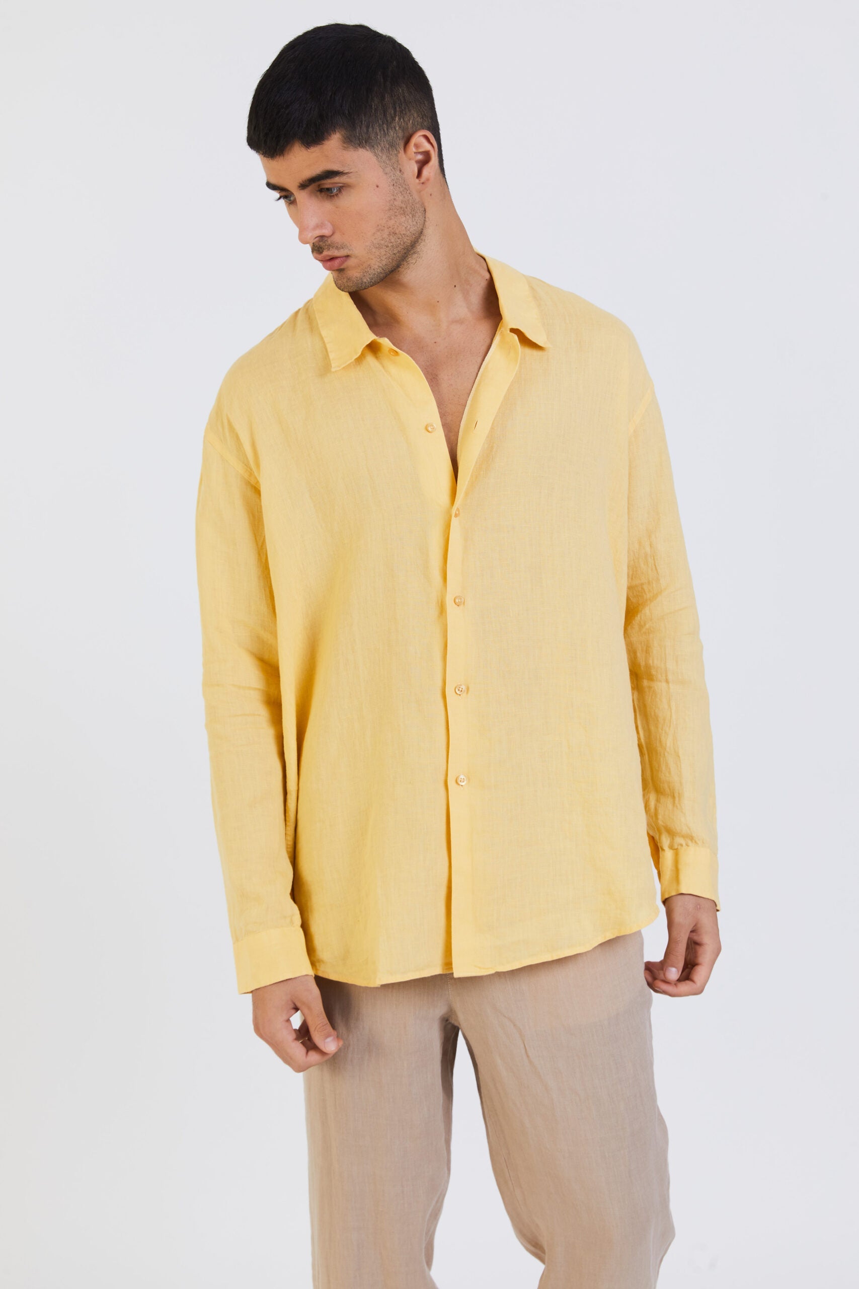 100% Linen Long Sleeve Shirt - Yellow