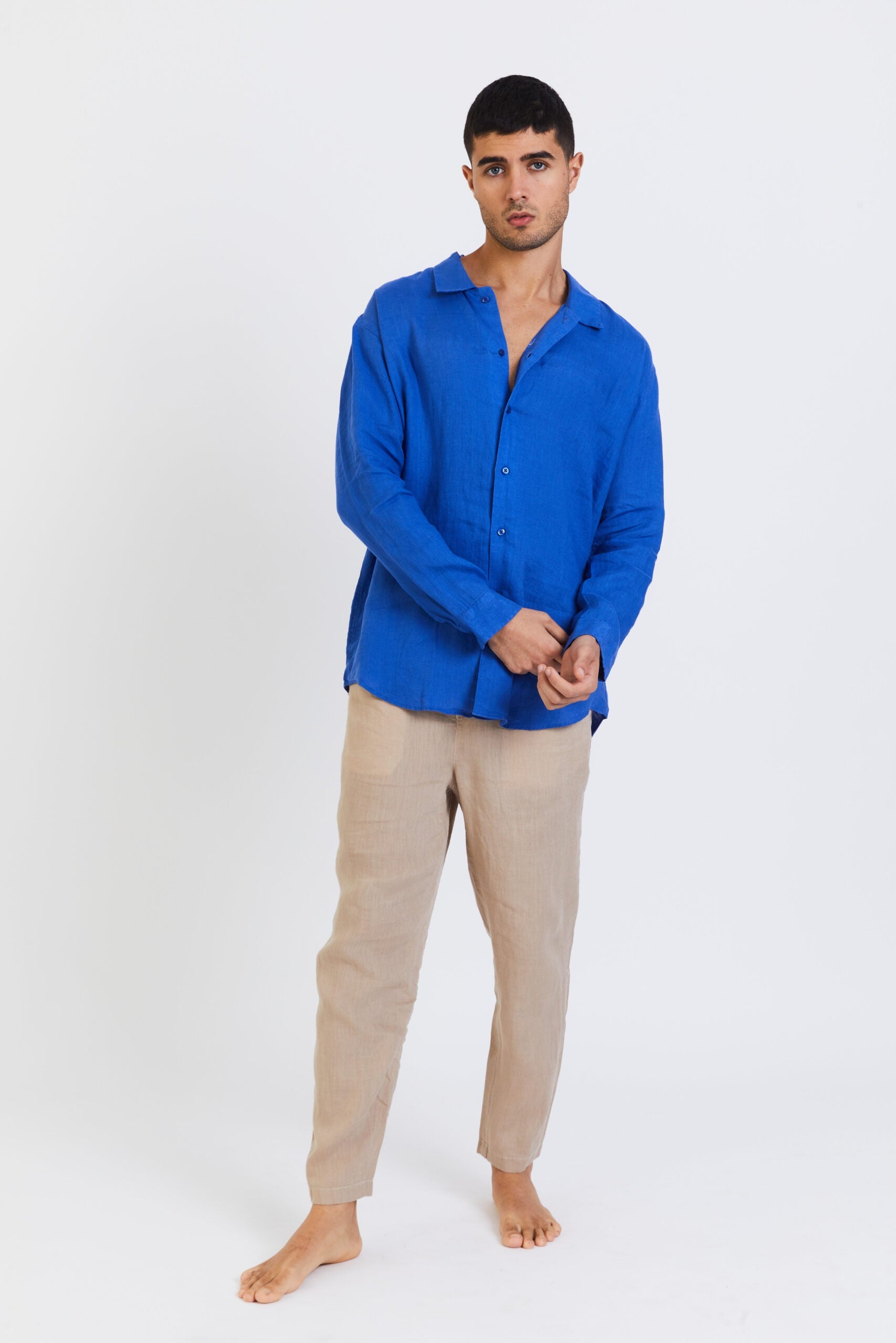 100% Linen Long Sleeve Shirt - Sax Blue