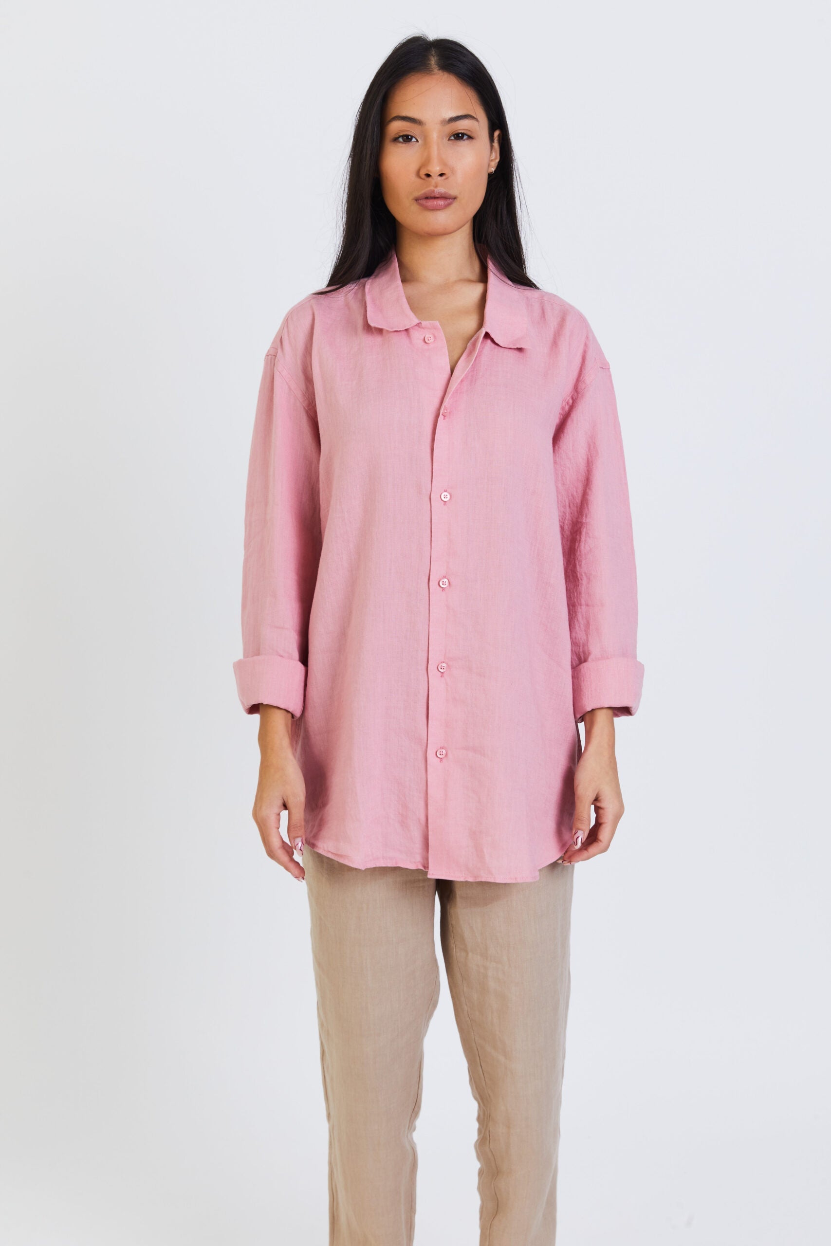 100% Linen Long Sleeve Shirt - Pink