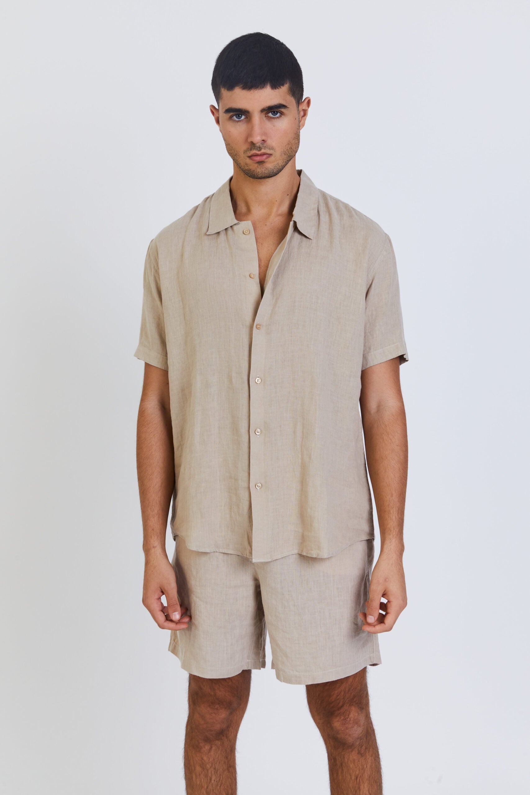 100% Linen Short Sleeve Shirt - Beige