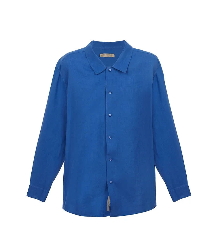 100% Linen Long Sleeve Shirt - Sax Blue