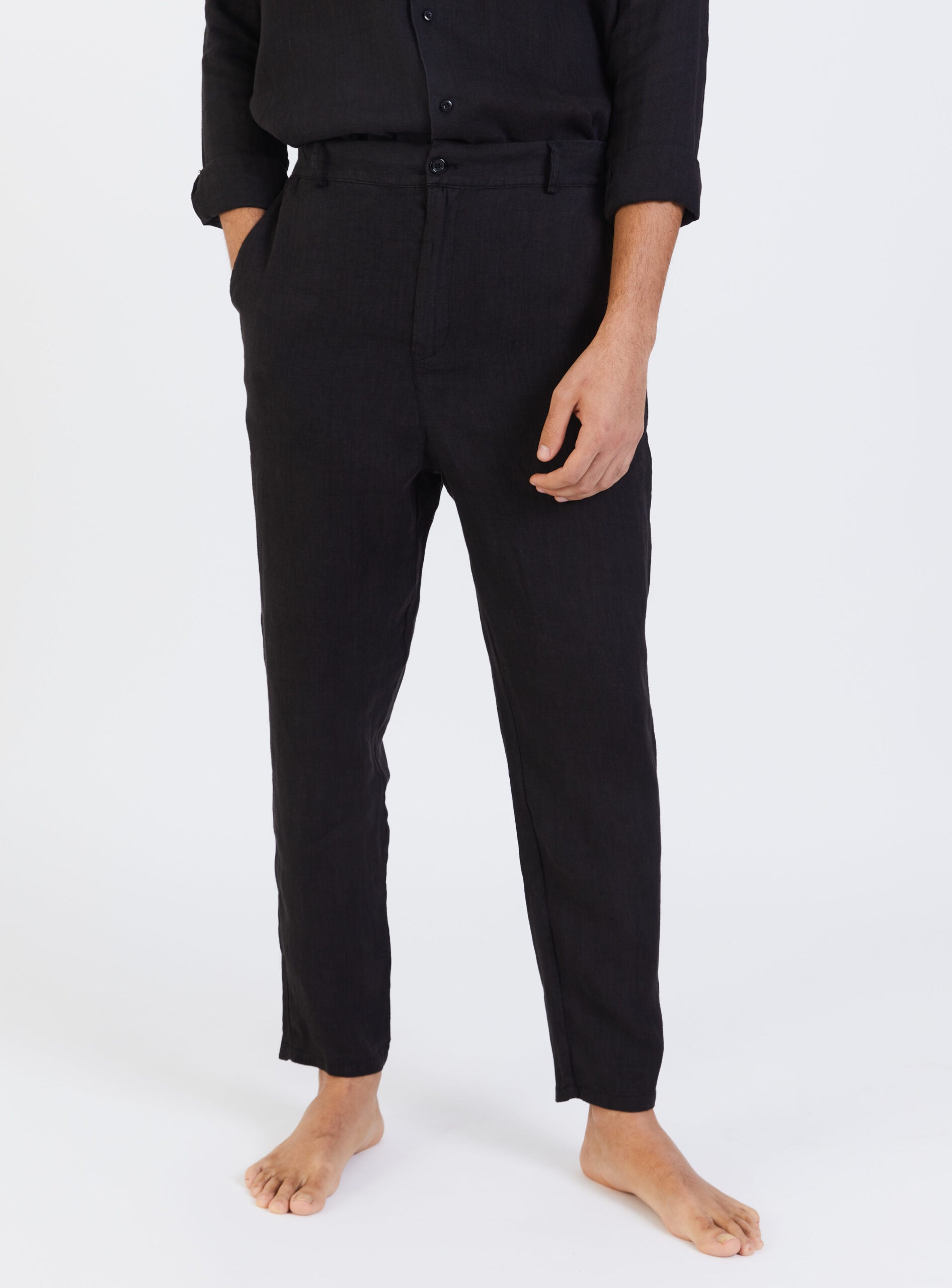 100% Linen Long Trousers - Black