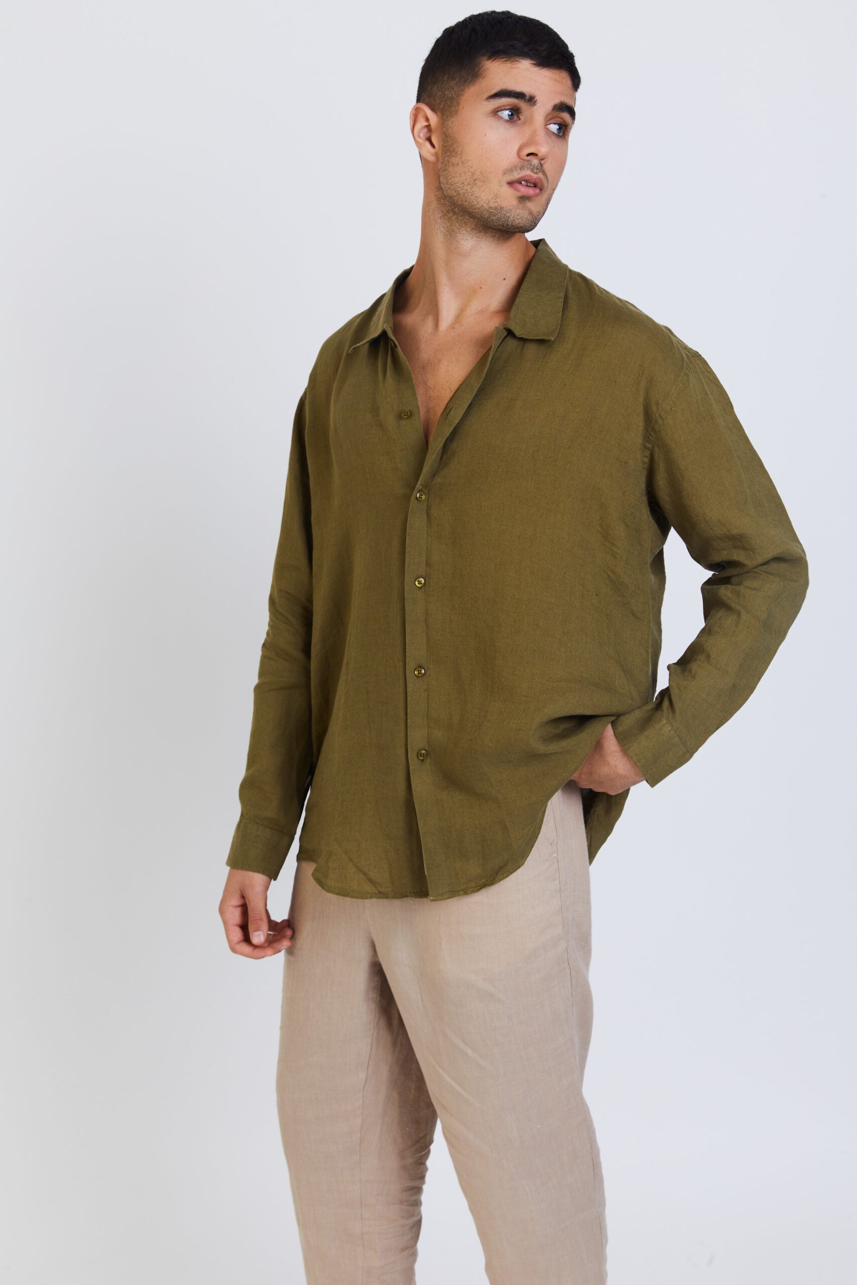 100% Linen Long Sleeve Shirt - Olive