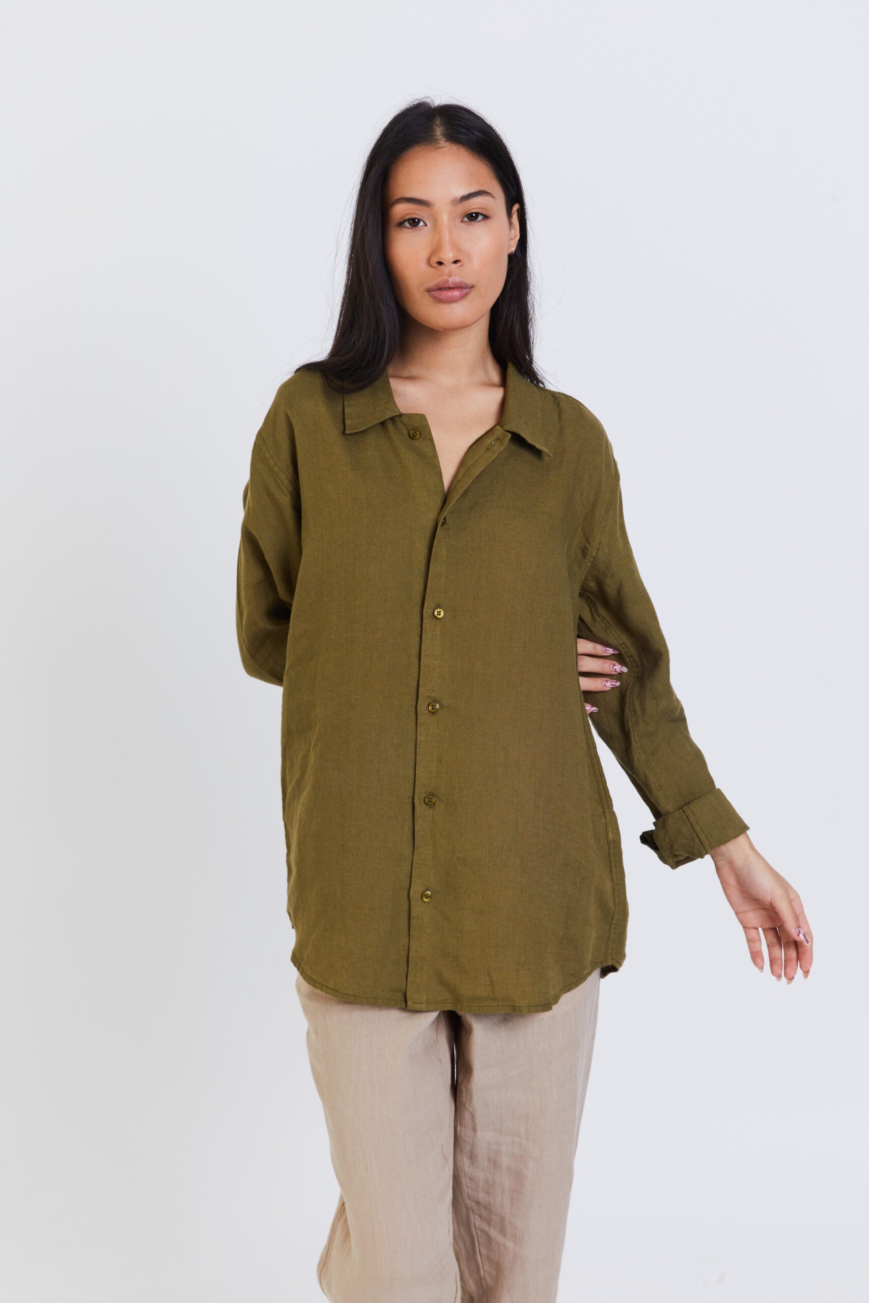 100% Linen Long Sleeve Shirt - Olive