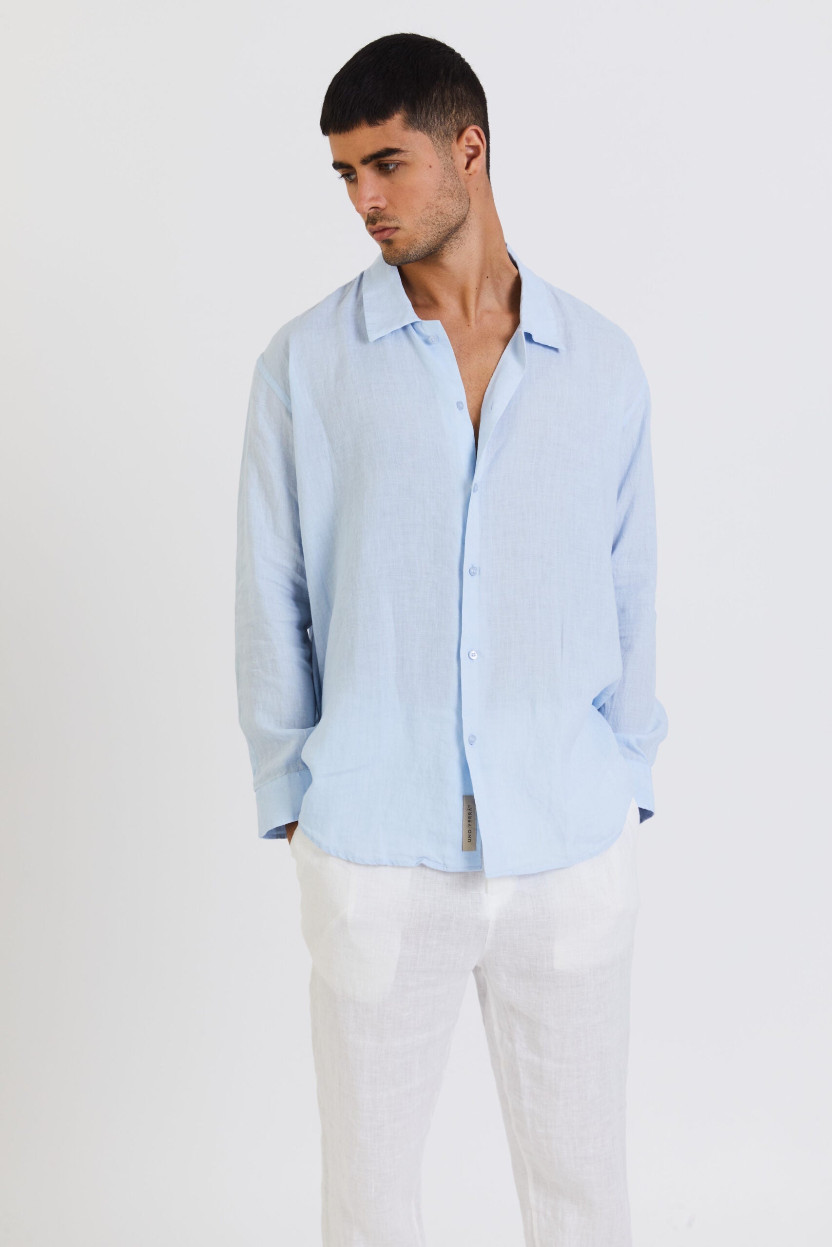 100% Linen Long Sleeve Shirt - Light Blue