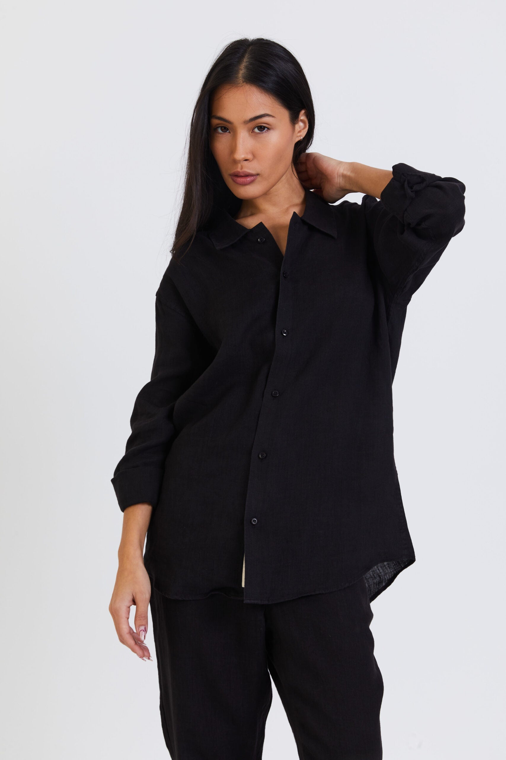 100% Linen Long Sleeve Shirt - Black