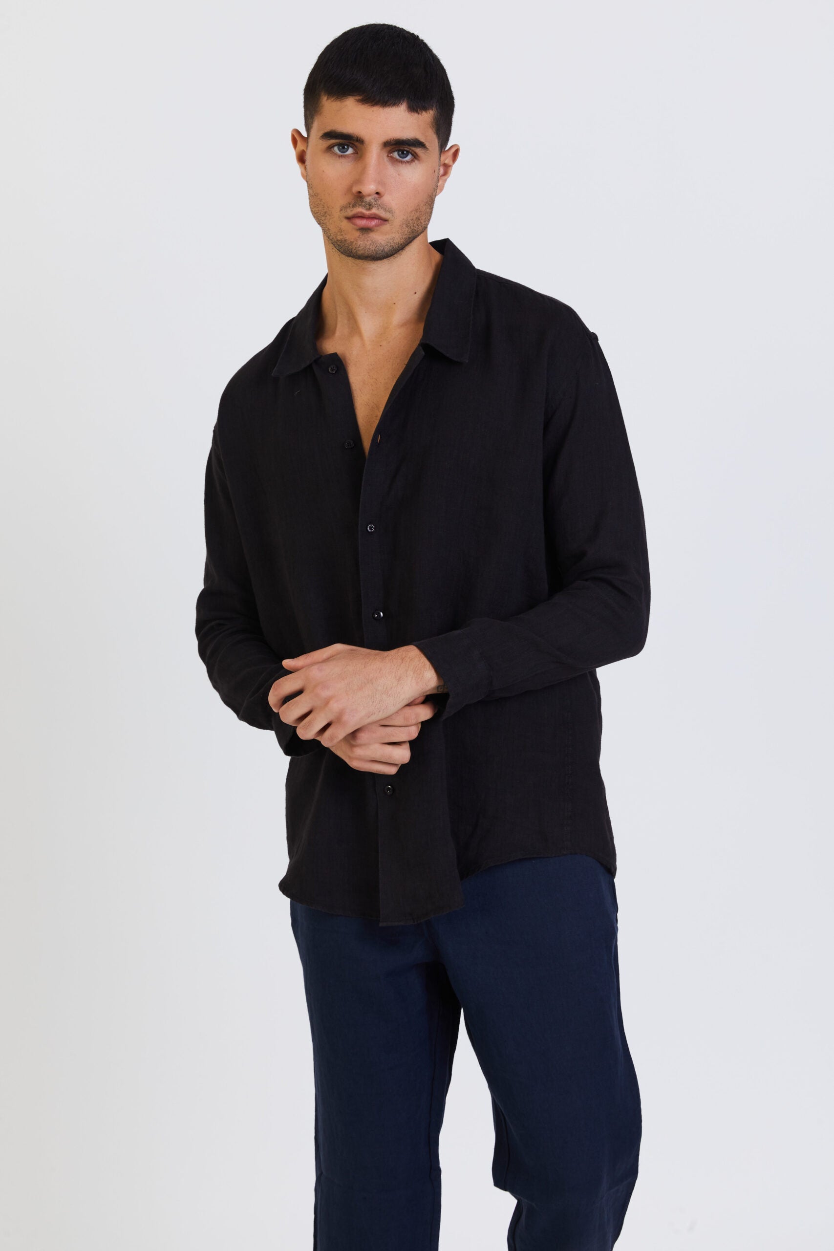 100% Linen Long Sleeve Shirt - Black