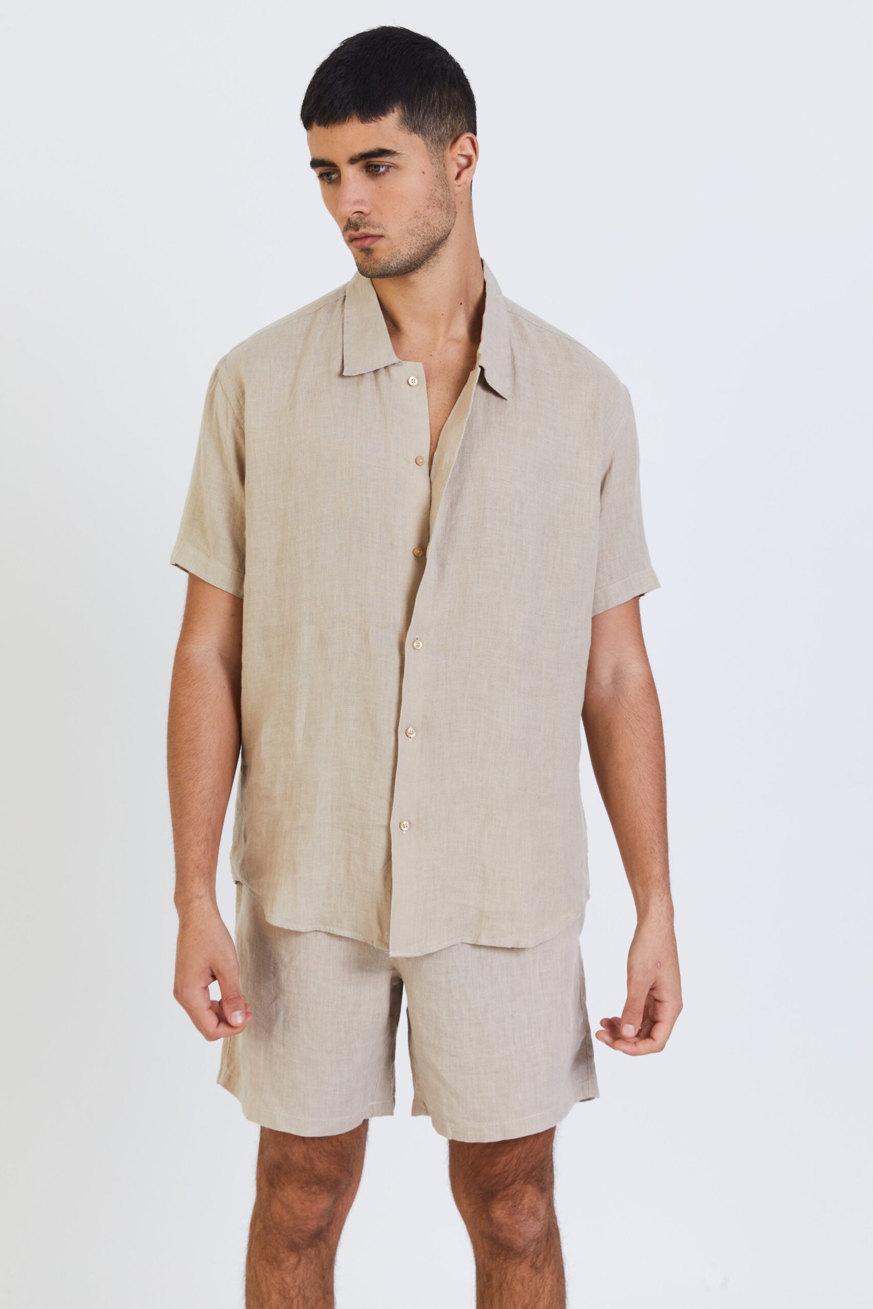 100% Linen Short Sleeve Shirt - Beige